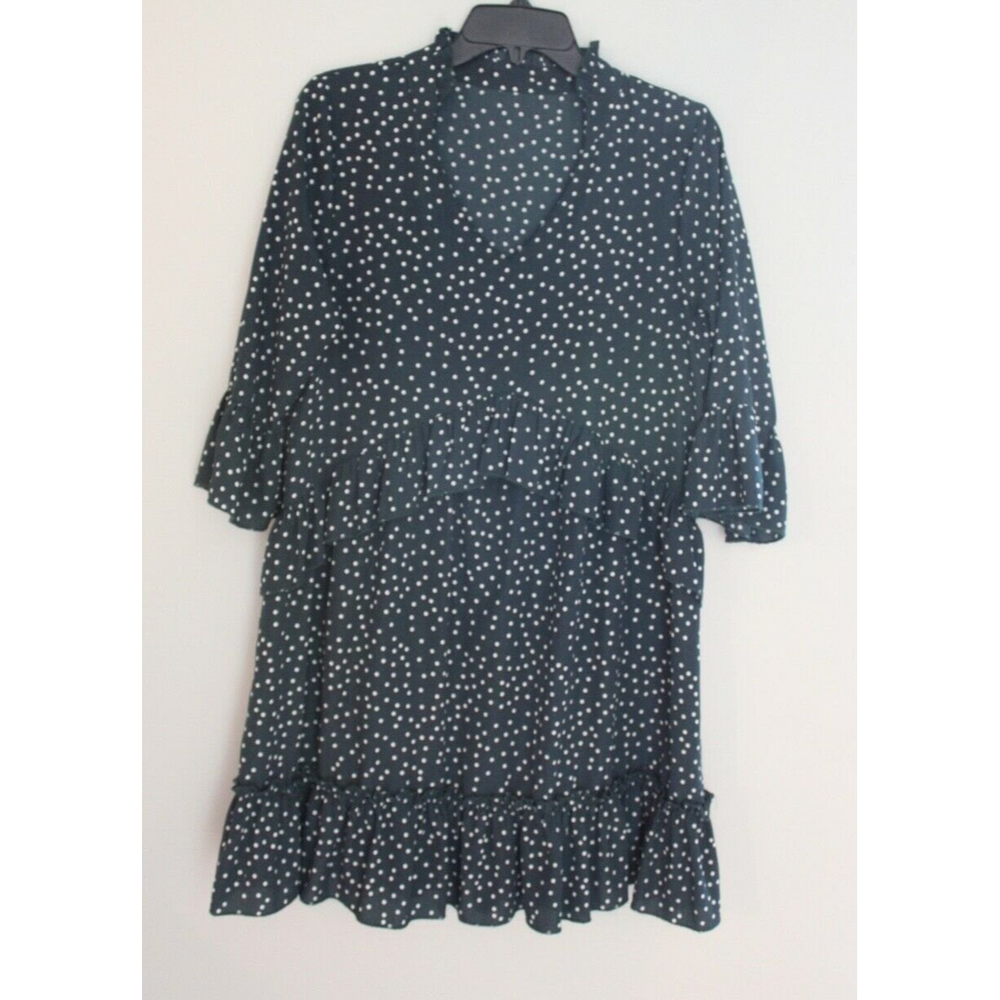 Women's Green/White Polka Dot Pocket V-Neck Ruffle Swing Dress Size M
